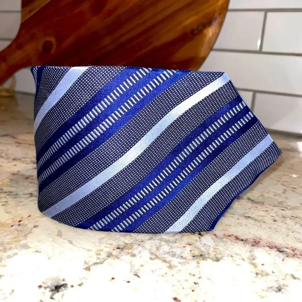 Claudio Marinetti Como Italy Blue Stripe 100% Silk Mens Tie EUC
